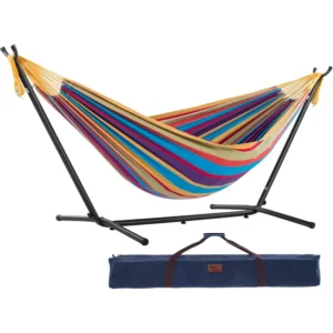 Double Cotton Hammock with Space-Saving Steel Stand - 450 lbs Capacity for Backyard & Patio