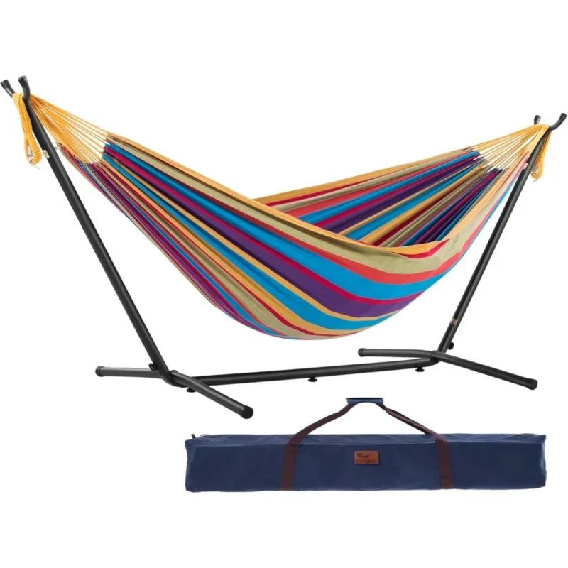 Double Cotton Hammock with Space-Saving Steel Stand - 450 lbs Capacity for Backyard & Patio