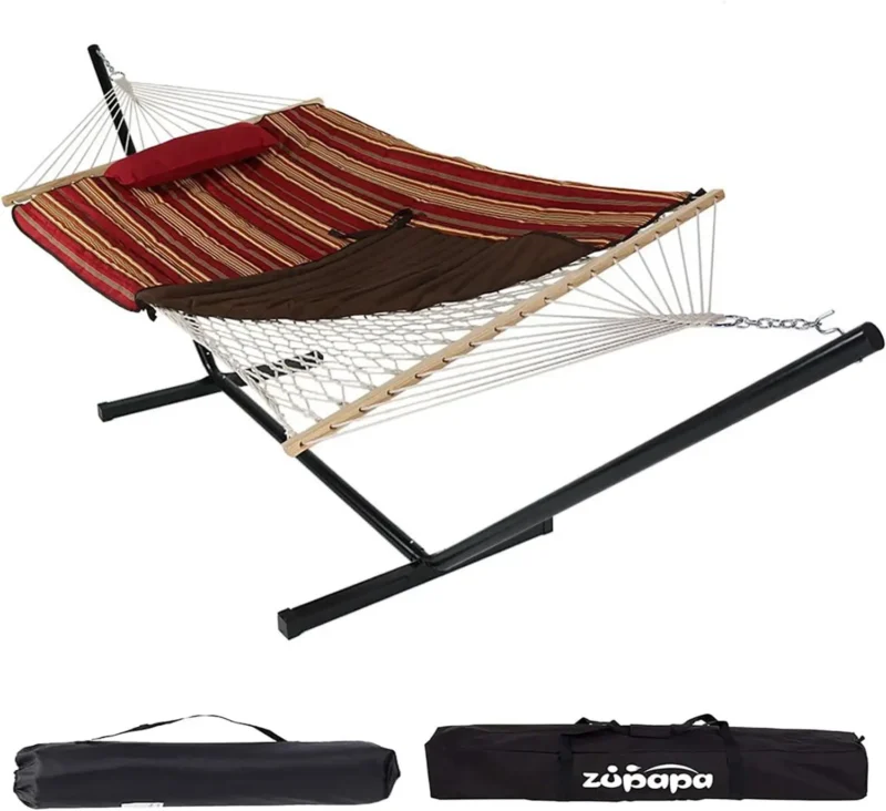 Double Cotton Rope Hammock with Stand - 450 lbs Capacity for Backyard & Patio - Image 9