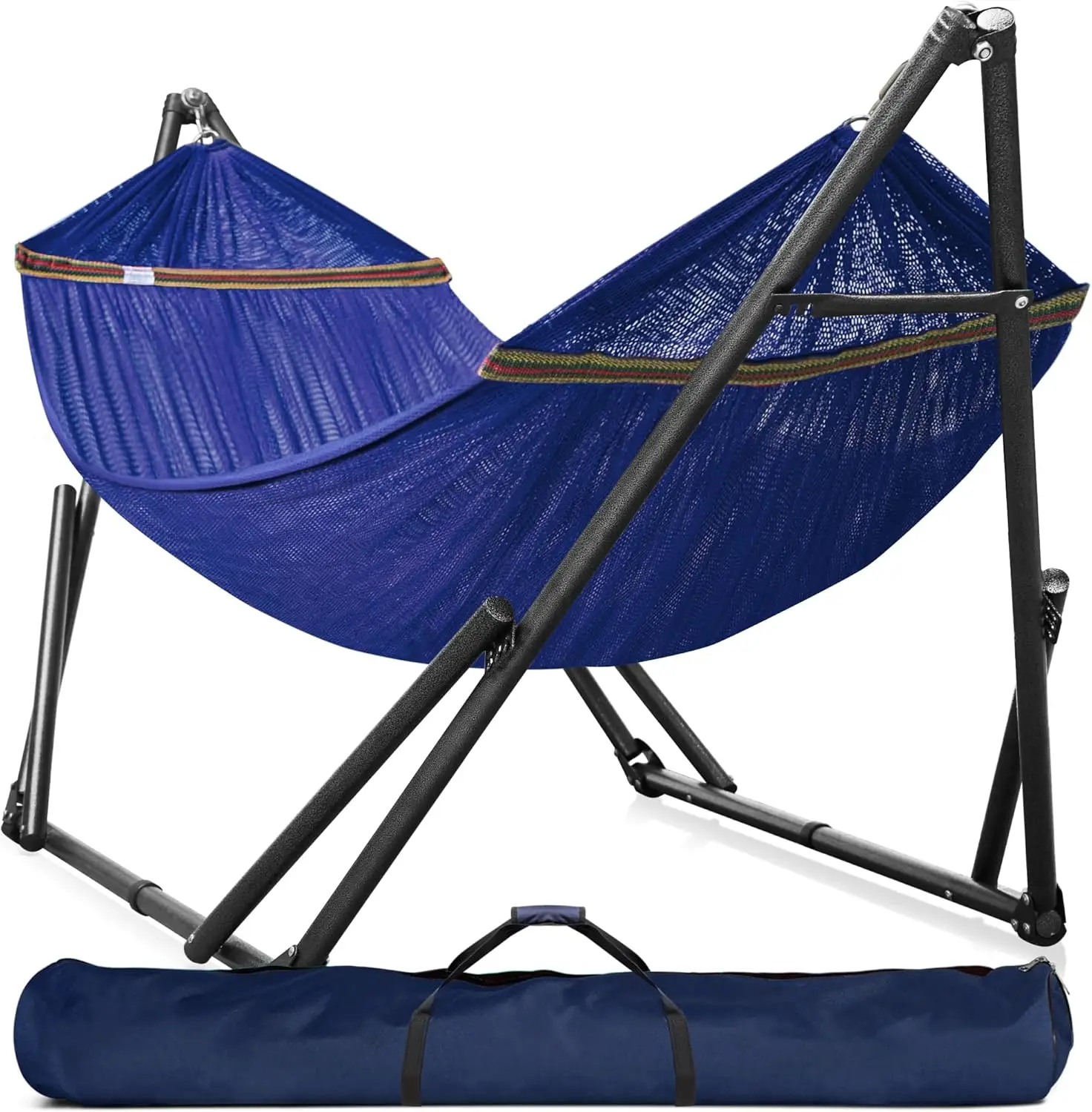 Portable two-person hammock with stand showing space requirements