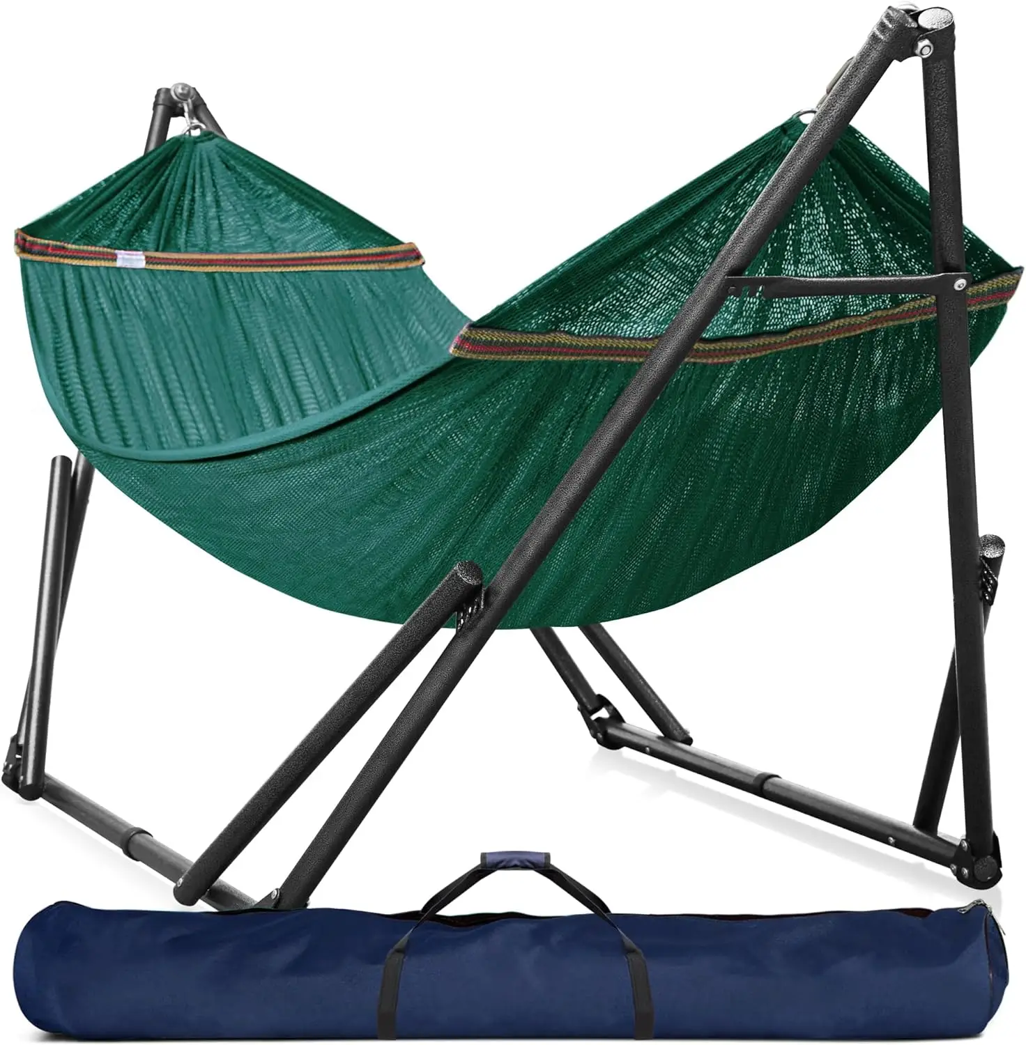 Portable hammock with stand demonstrating quick setup for camping