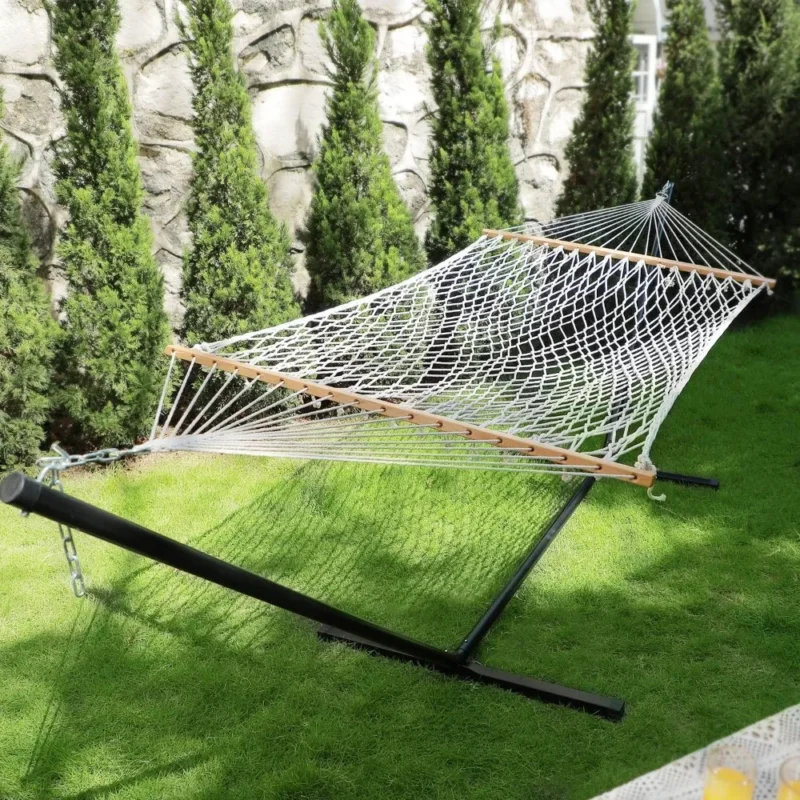 Double Cotton Rope Hammock with Stand - 450 lbs Capacity for Backyard & Patio - Image 4