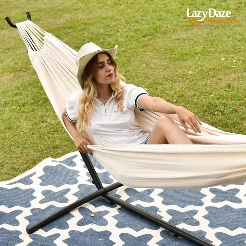 Double Fabric Hammock with Space-Saving Steel Stand - 450 lbs Capacity for Outdoor Relaxation - Image 2