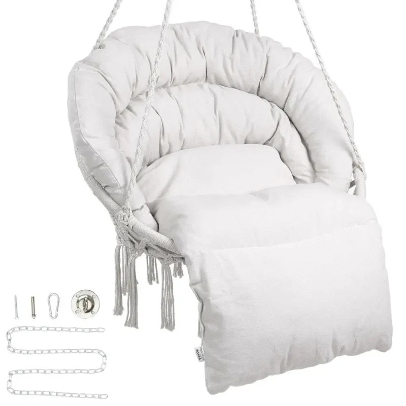 Macrame Hanging Chair with Cushioned Seat - 265 lbs Capacity for Indoor & Outdoor Use