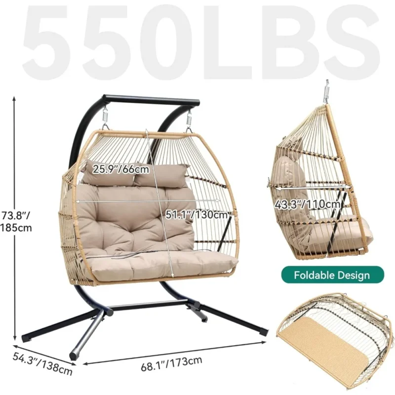 Double Wicker Hanging Egg Chair with Stand - 550 lbs Capacity for Patio & Indoor Use - Image 2