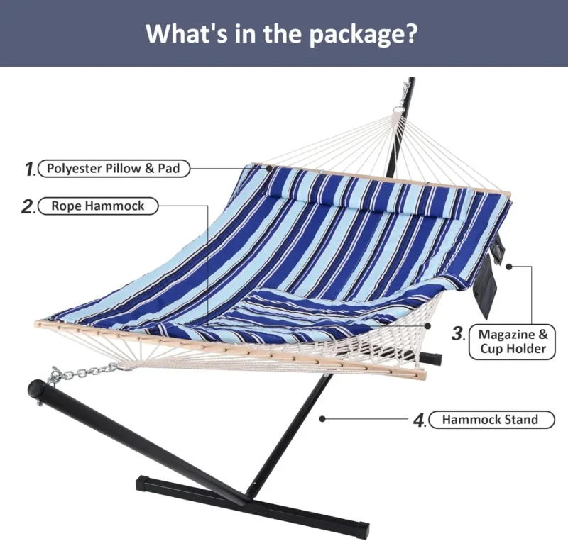 Double Cotton Rope Hammock with Steel Stand - 475 lbs Capacity for Backyard & Patio - Image 5