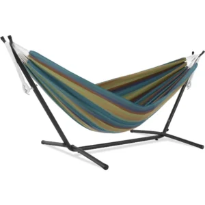Double Sunbrella Fabric Hammock with Space-Saving Steel Stand - 450 lbs Capacity for Patio & Backyard
