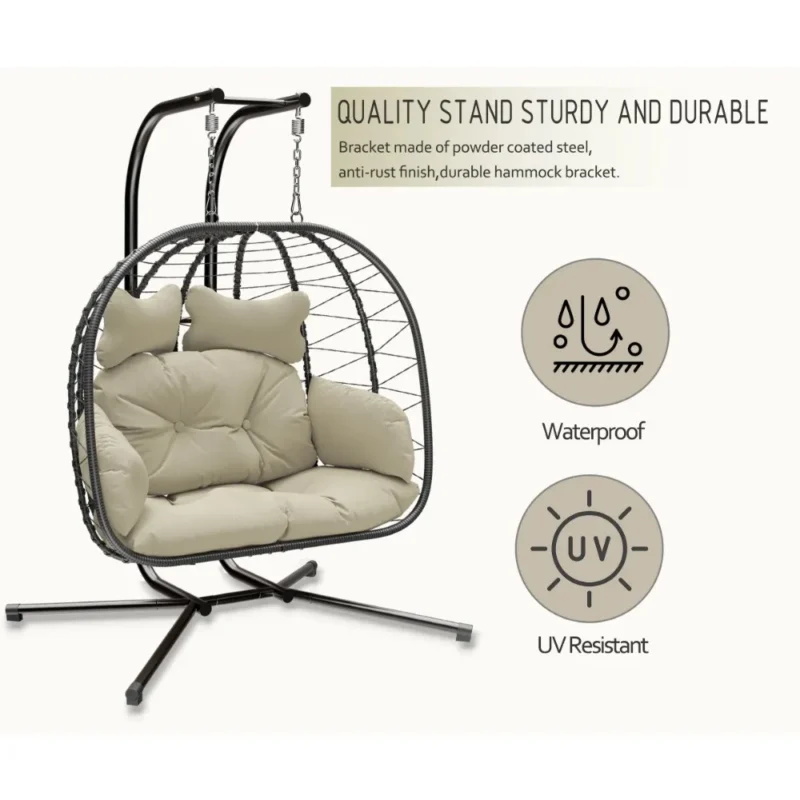 Double Wicker Egg Chair Hammock with Stand - 700 lbs Capacity for Patio & Garden - Image 4