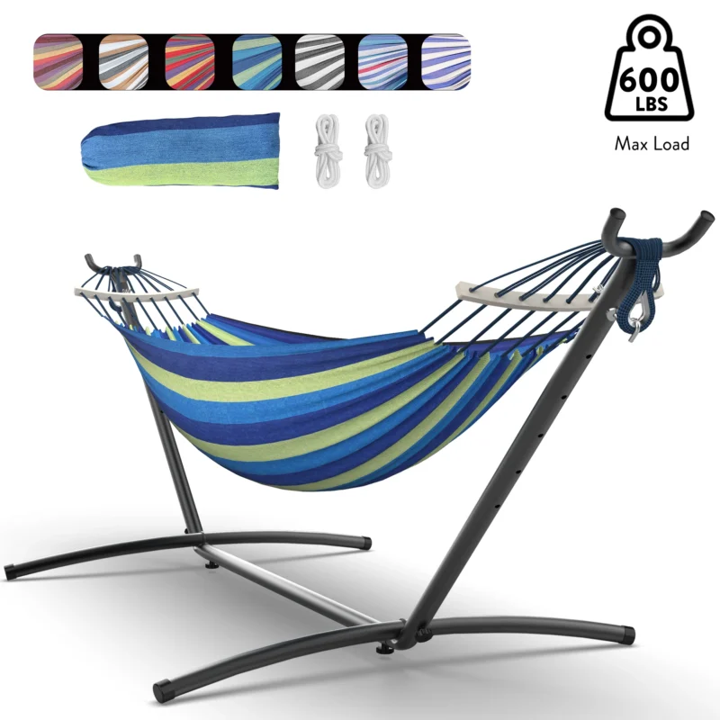 Double Fabric Hammock with Adjustable Stand - 600 lbs Capacity for Indoor & Outdoor Relaxation - Image 9