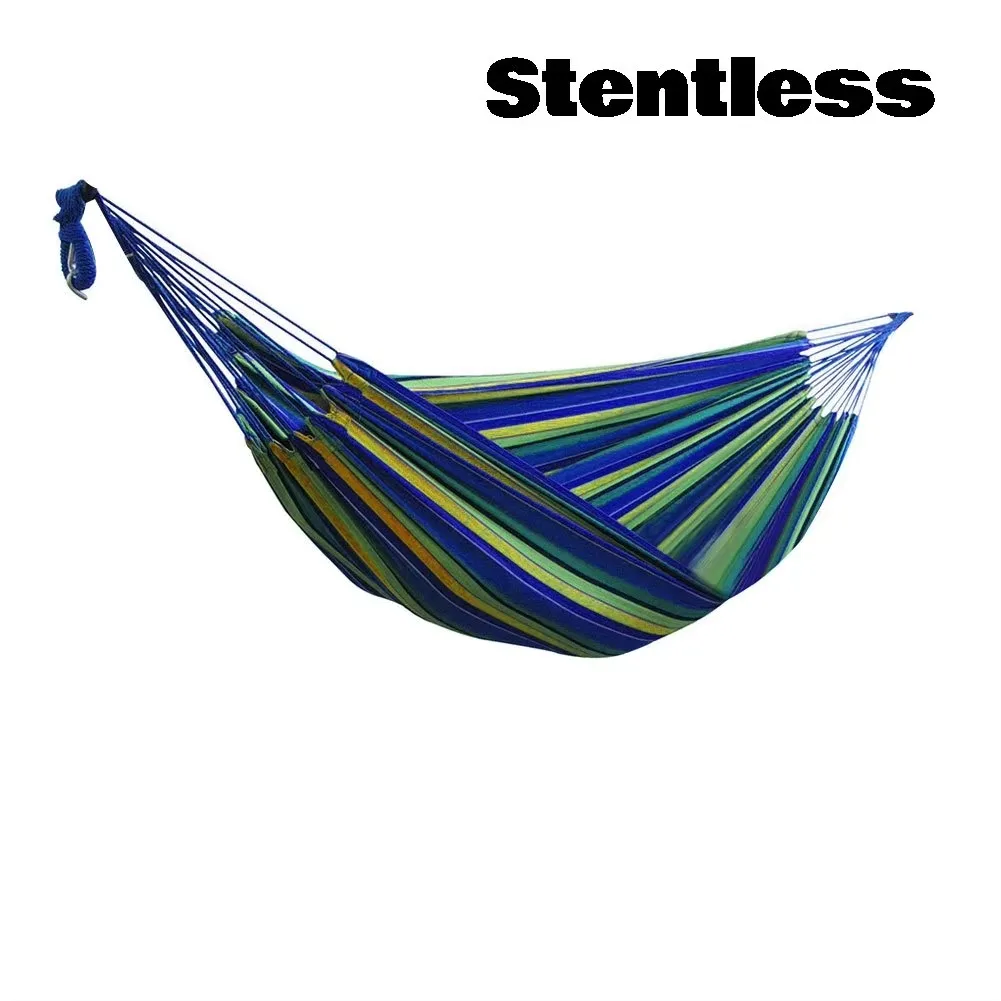 Double fabric hammock with steel stand showing complete outdoor setup