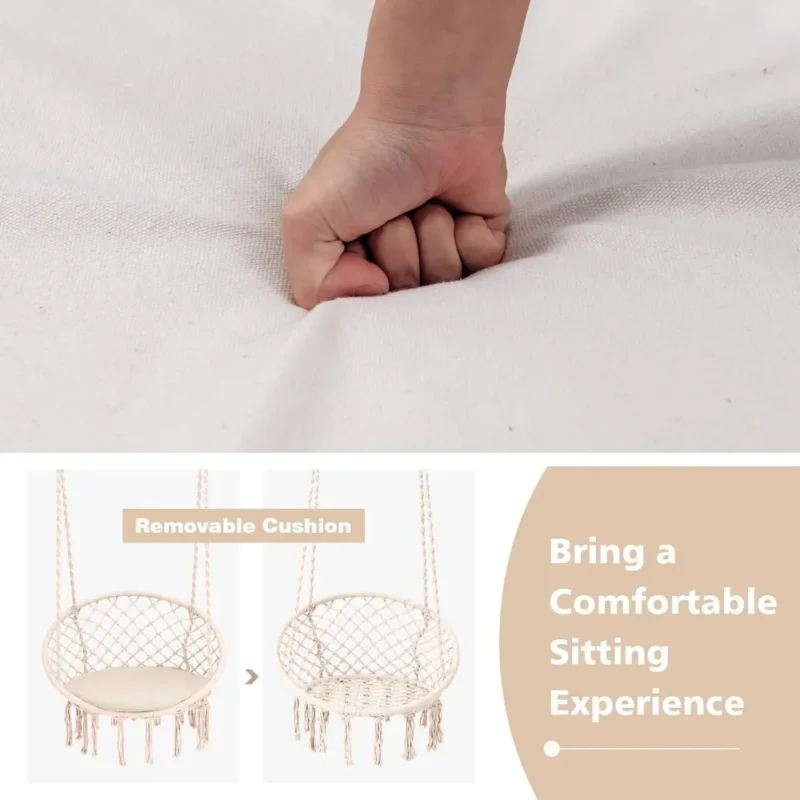 Macrame Hanging Chair with Cushion & Hardware Kit - 330 lbs Capacity for Indoor & Outdoor - Image 4