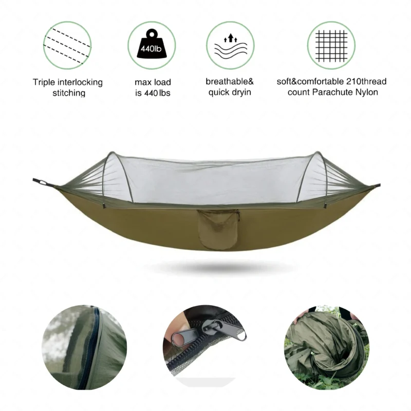 Portable Camping Hammock with Mosquito Net - Single-Person Capacity for Outdoor Adventure - Image 4