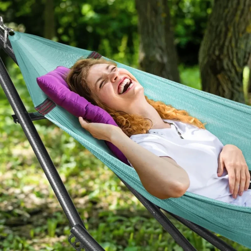 Double Fabric Hammock with Folding Steel Stand - 600 lbs Capacity for Indoor & Outdoor Relaxation - Image 5