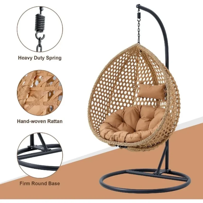 Outdoor Rattan Hanging Egg Chair with Metal Stand - 65 lbs Capacity for Garden & Patio - Image 3