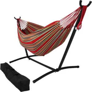 Double Cotton Hammock with Space-Saving Stand - 400 lbs Capacity for Patio & Backyard