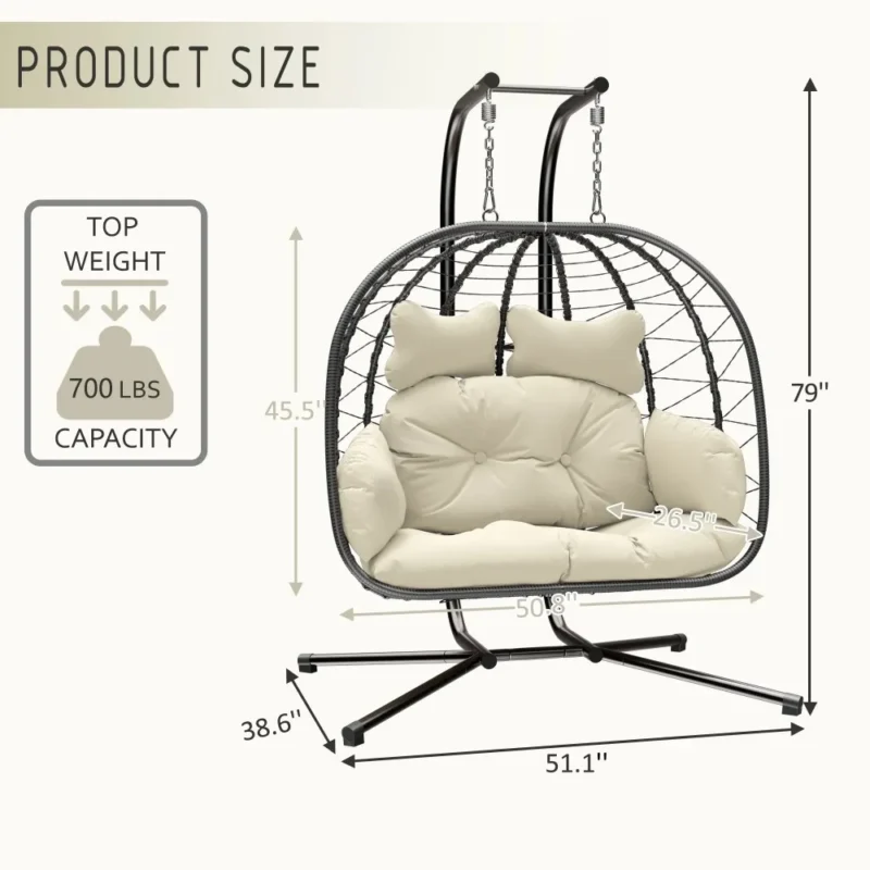 Double Wicker Egg Chair Hammock with Stand - 700 lbs Capacity for Patio & Garden - Image 6