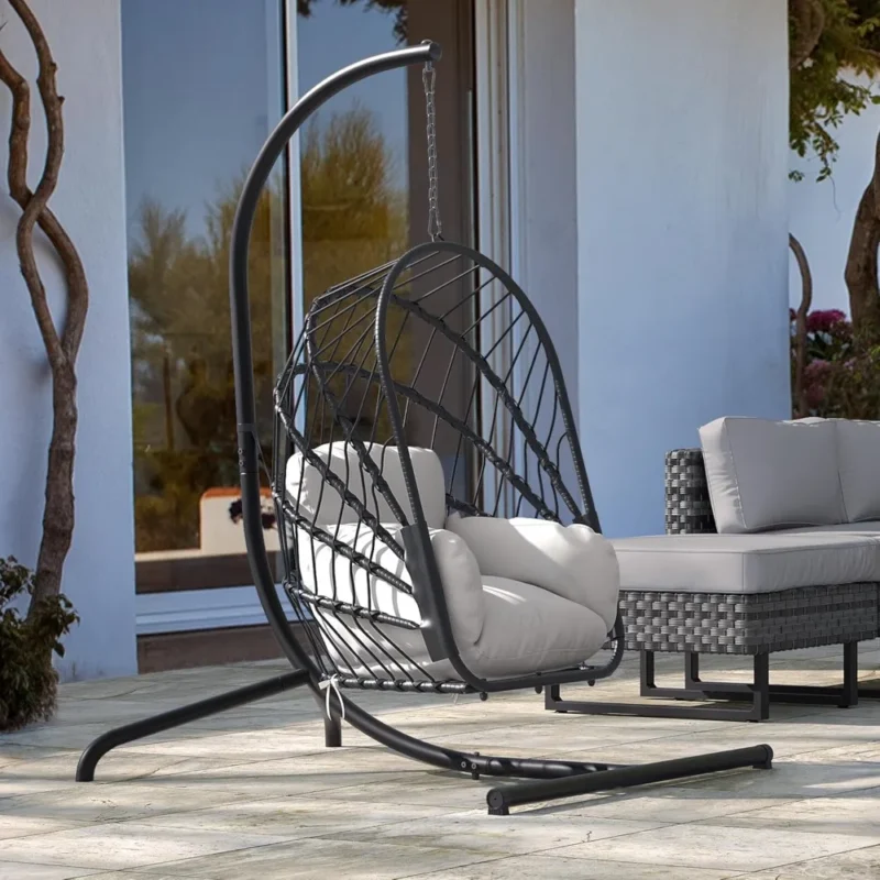 Foldable Rattan Egg Chair with Cushions - 350 lbs Capacity for Patio & Garden - Image 5