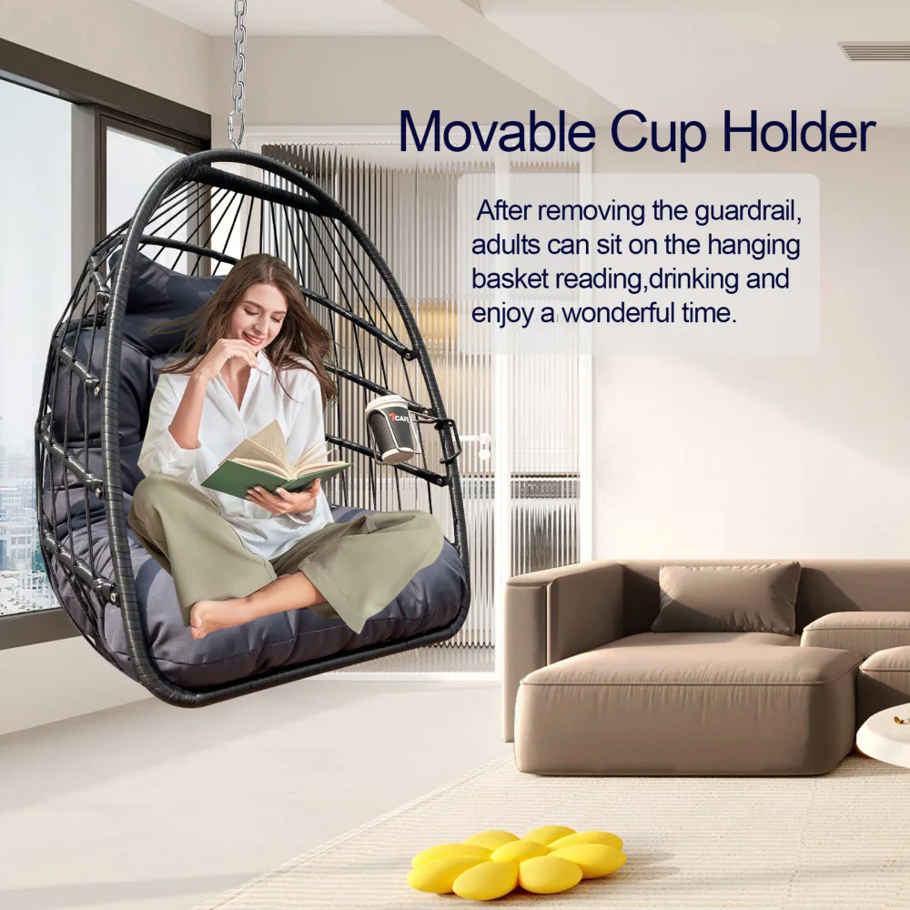 Weather-resistant hanging egg chair with UV protected cushions for outdoor relaxation