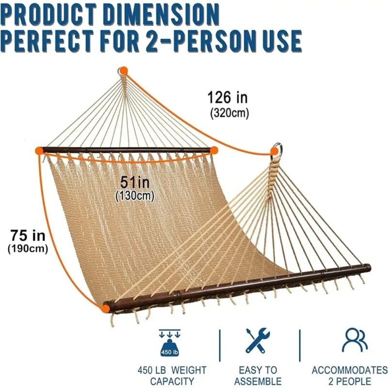 Double Caribbean Rope Hammock with Spreader Bars - 450 lbs Capacity for Patio & Backyard - Image 3