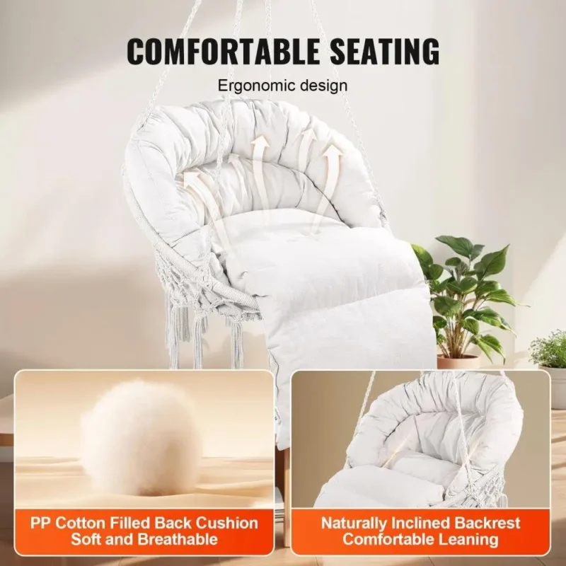 Macrame Hanging Chair with Cushioned Seat - 265 lbs Capacity for Indoor & Outdoor Use - Image 5