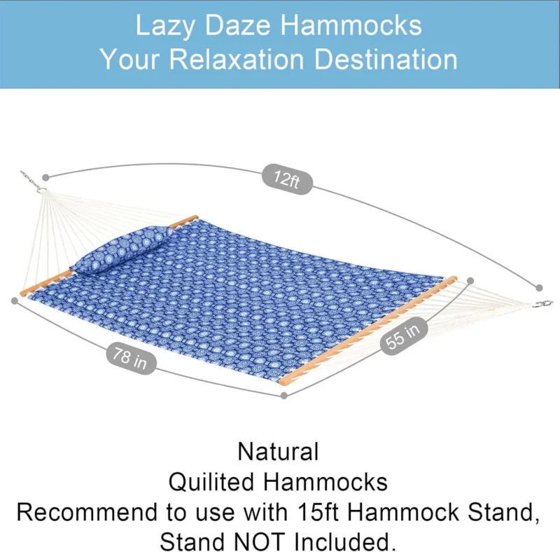 12 FT Double Quilted Fabric Hammock with Spreader Bars - 450 lbs Capacity for Backyard & Patio - Image 3