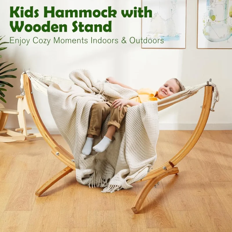 Solid Wood Kids Hammock Chair with Stand - 220 lbs Capacity for Indoor & Outdoor Use - Image 2