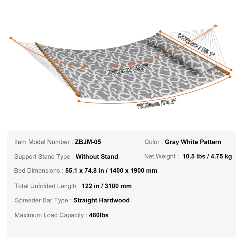 Double 12FT Fabric Hammock with Detachable Pillow - 480 lbs Capacity for Outdoor Relaxation - Image 7