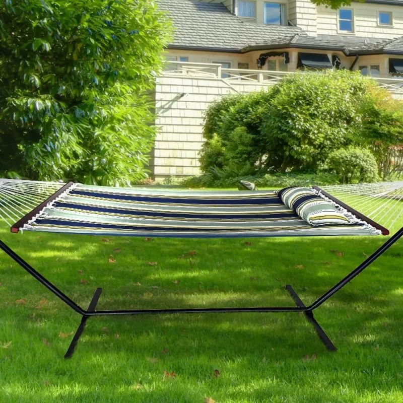 Double Fabric Hammock with Spreader Bars & Stand - 450 lbs Capacity for Backyard Relaxation - Image 2