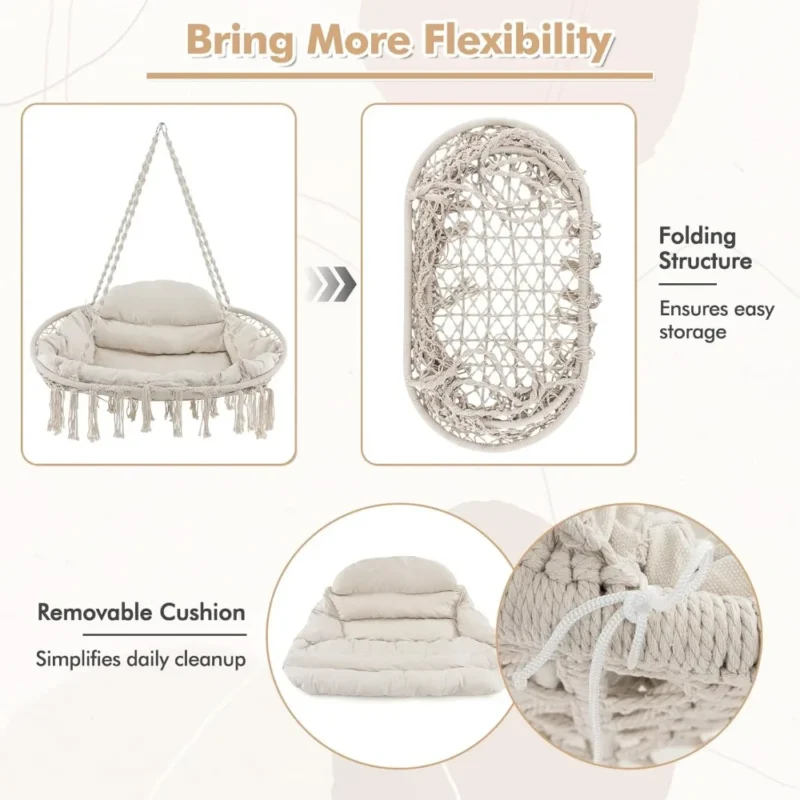Double Macrame Hammock Swing with Cushions - 440 lbs Capacity for Indoor & Outdoor - Image 5