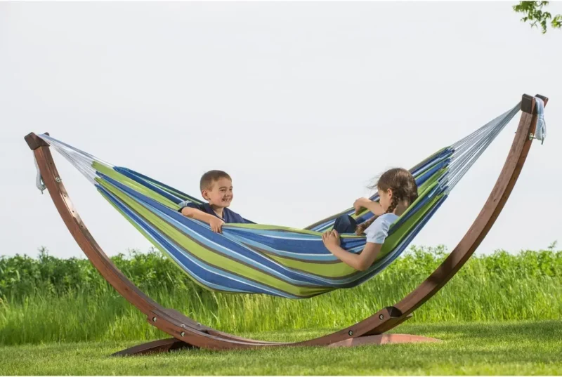 Double Cotton Fabric Hammock with Pine Arc Stand - 450 lbs Capacity for Backyard & Patio - Image 2