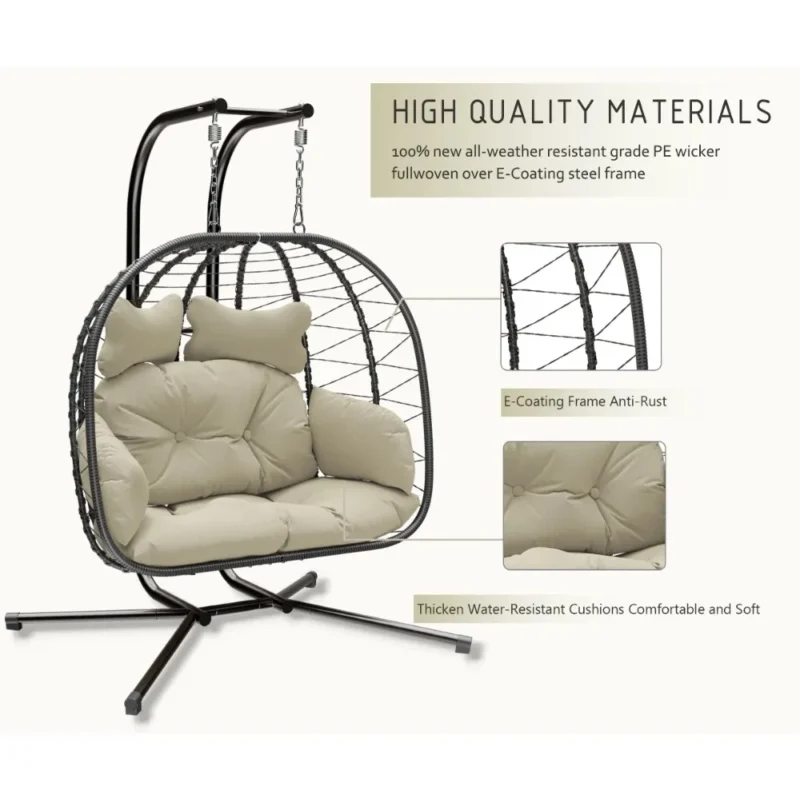 Double Wicker Egg Chair Hammock with Stand - 700 lbs Capacity for Patio & Garden - Image 3