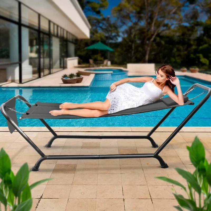 Double Cotton Hammock with Steel Stand - 500 lbs Capacity for Backyard & Patio - Image 4