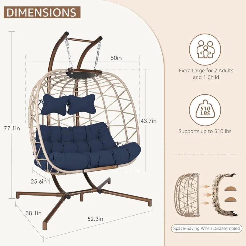 Double Egg Chair with Steel Stand - 238 lbs Capacity for Patio & Garden - Image 5