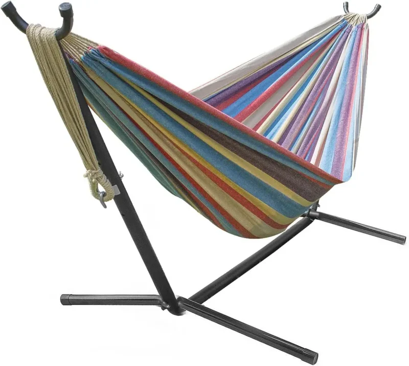 Double Cotton Blend Hammock with Steel Stand - 450 lbs Capacity for Indoor & Outdoor Use - Image 8