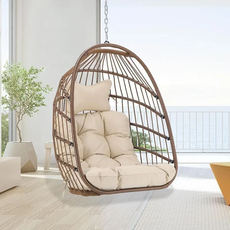 Hanging Egg Chair with UV Resistant PE Rattan - 330 lbs Capacity for Indoor & Outdoor Use - Image 7