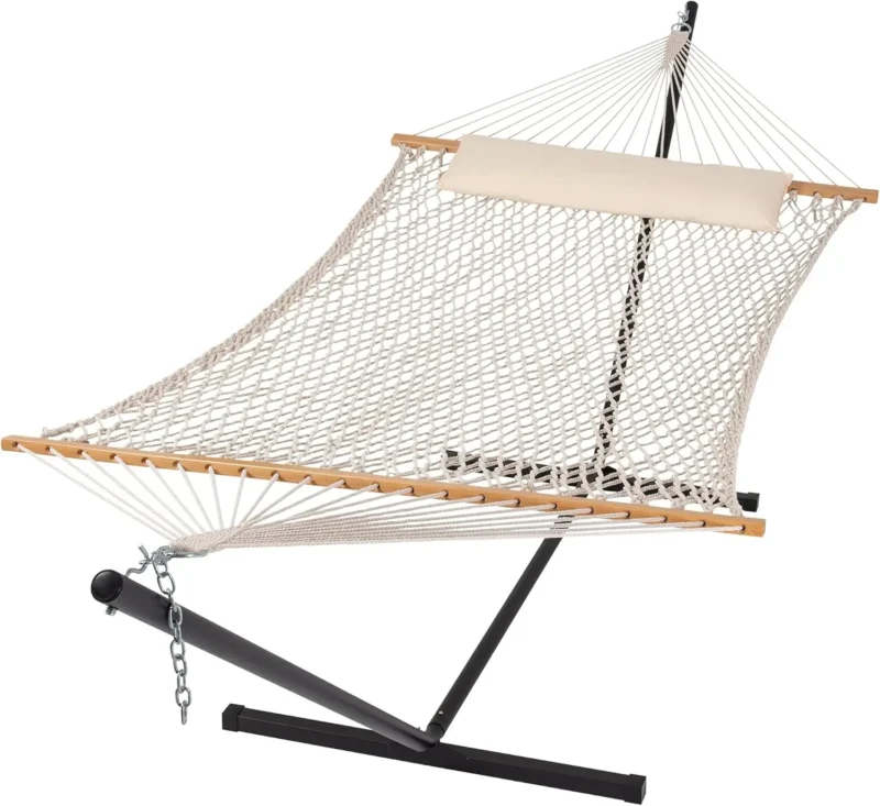 Double Cotton Rope Hammock with Steel Stand - 475 lbs Capacity for Backyard & Patio - Image 10