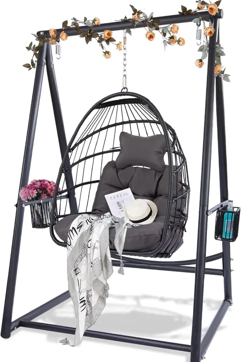 Rattan Egg Swing Chair with Stand & Cushion - 330 lbs Capacity for Patio & Garden - Image 9