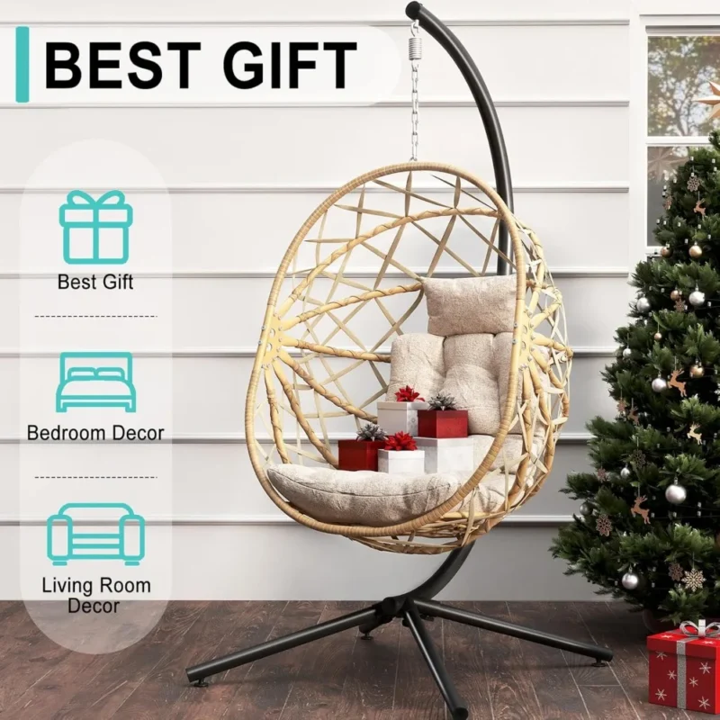 Wicker Egg Chair with Stand and Cushion - 350 lbs Capacity for Indoor & Outdoor Patio - Image 3