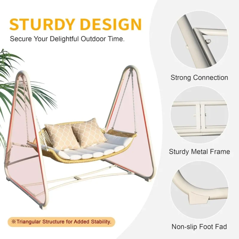 2-Seat Rattan Porch Swing with Thickened Cushions - 750 lbs Capacity for Patio & Garden - Image 4
