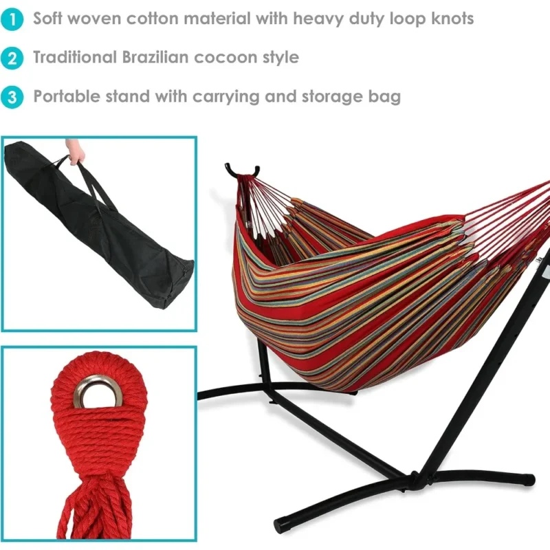 Double Cotton Hammock with Space-Saving Stand - 400 lbs Capacity for Patio & Backyard - Image 2