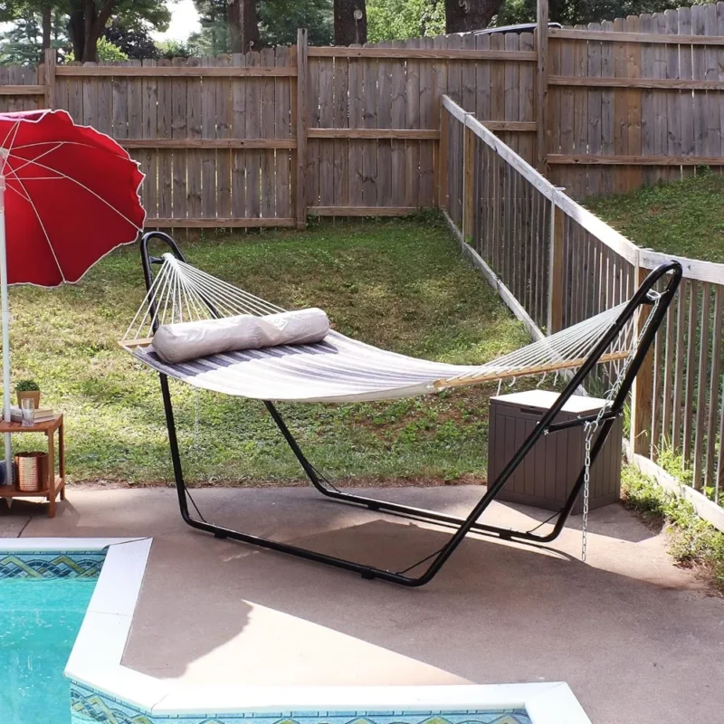 Double Quilted Polyester Hammock with Steel Stand - 450 lbs Capacity for Patio & Backyard - Image 4