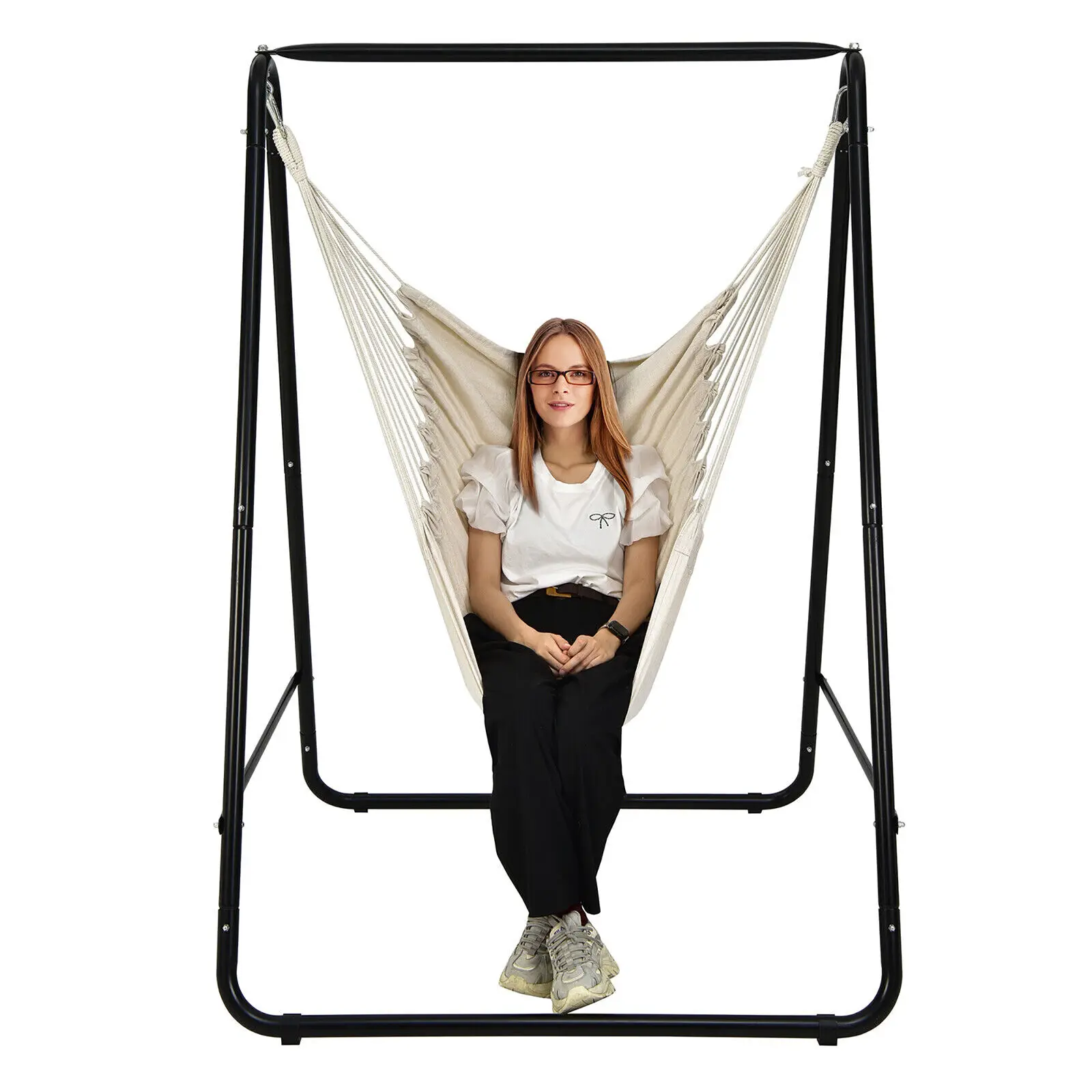 Heavy-duty padded swing chair with robust steel stand construction