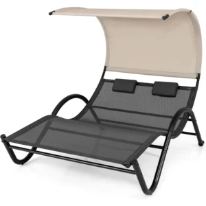 Double Outdoor Chaise Lounge with Canopy - 2-Person Patio Hammock with Detachable Pillows