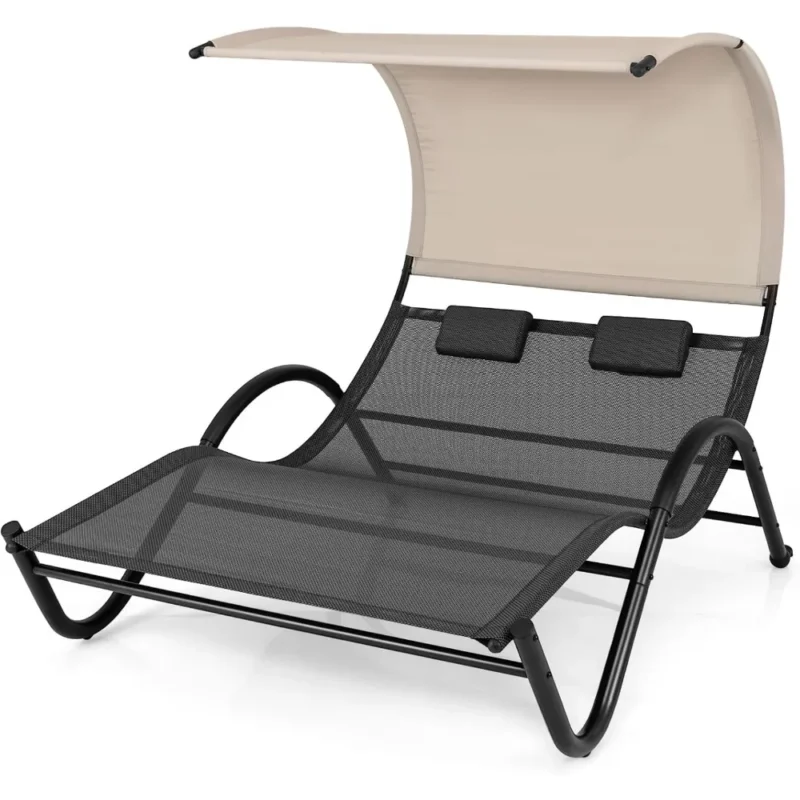 Double Outdoor Chaise Lounge with Canopy - 2-Person Patio Hammock with Detachable Pillows