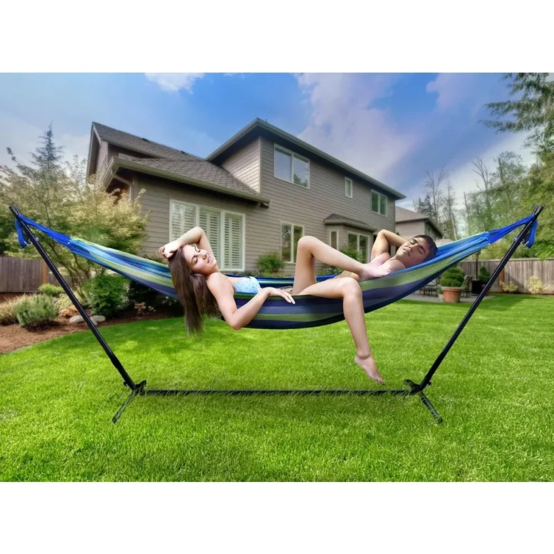Double Cotton Blend Hammock with Steel Stand - 450 lbs Capacity for Indoor & Outdoor Use - Image 2