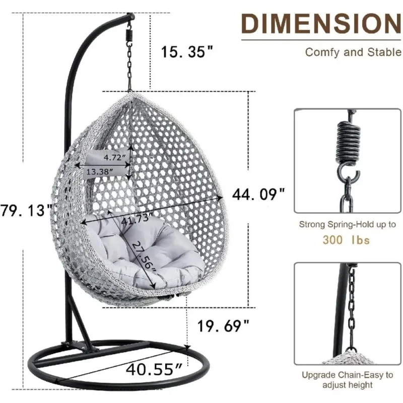 Outdoor Rattan Hanging Egg Chair with Metal Stand - 65 lbs Capacity for Garden & Patio - Image 2