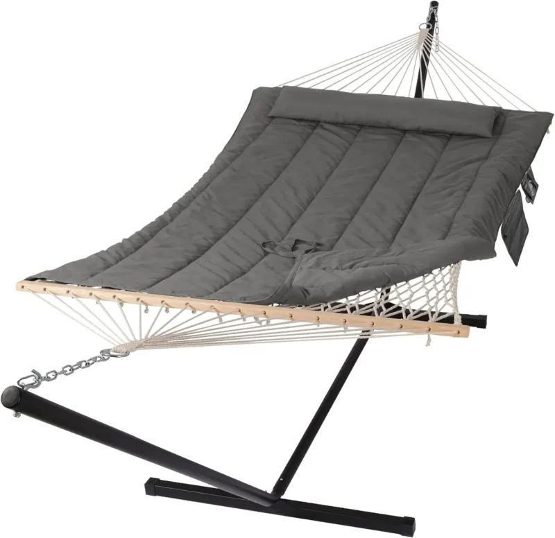 Double Cotton Rope Hammock with Steel Stand - 475 lbs Capacity for Backyard & Patio - Image 7