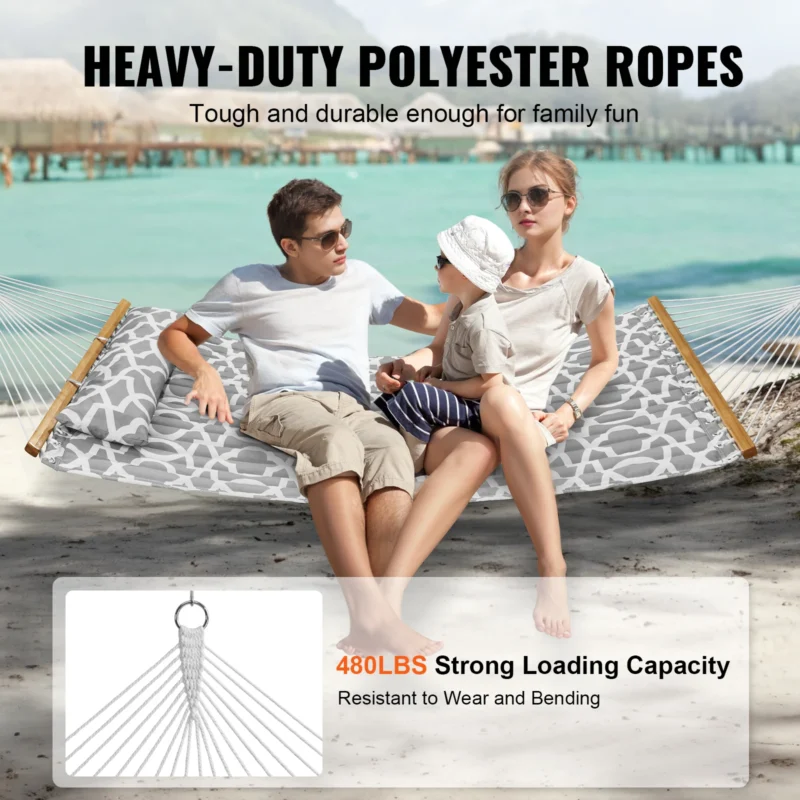 Double 12FT Fabric Hammock with Detachable Pillow - 480 lbs Capacity for Outdoor Relaxation - Image 3