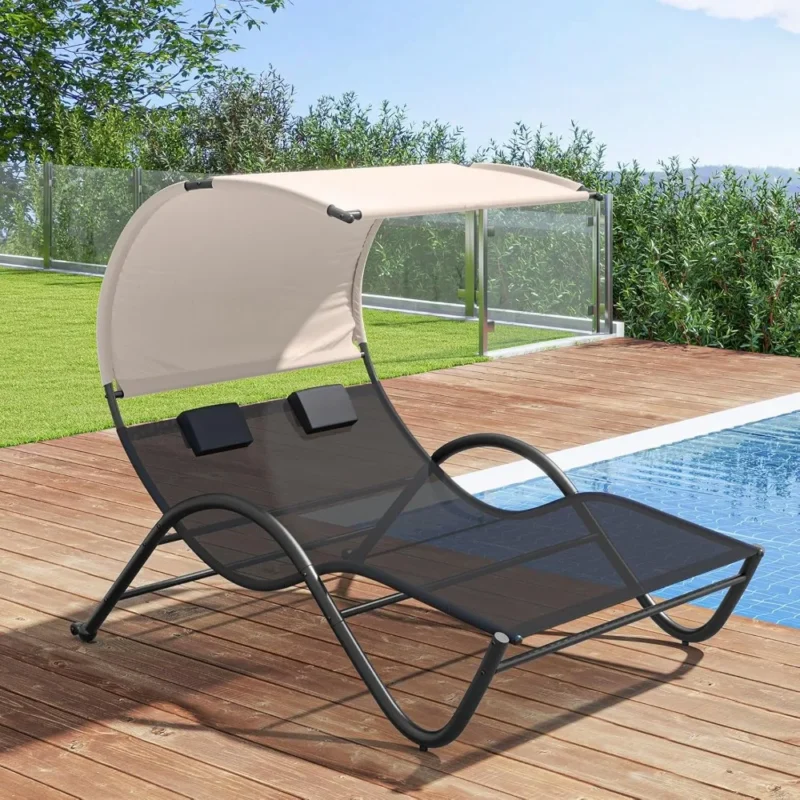 Double Outdoor Chaise Lounge with Canopy - 2-Person Patio Hammock with Detachable Pillows - Image 2