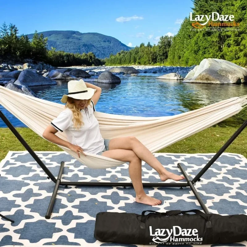 Double Fabric Hammock with Space-Saving Steel Stand - 450 lbs Capacity for Outdoor Relaxation - Image 3